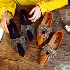 Women Large Bowknot Rhinestone Flat Loafers