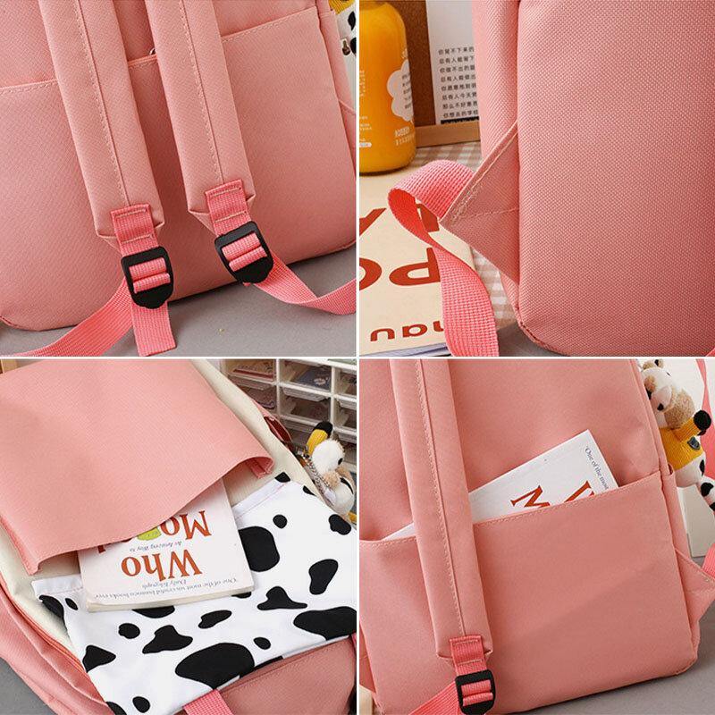 5 PCS Canvas Preppy Cow Pattern Multifunction Combination Bag Backpack Tote Crossbody Bag Clutch Wallet