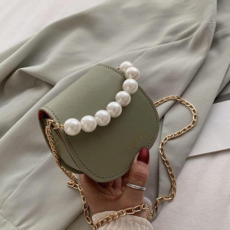 Bolso bandolera con cadena de perlas de cuero PU para mujer 