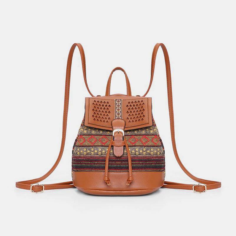 Women Hollow Stitching Ethnic Style Straw Bag Backpack Woven Shoulder Bag Bucket Bag