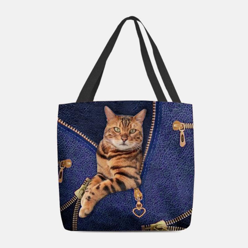 Bolso de hombro con patrón de gato de visión tridimensional en 3D bonito de lona para mujer 