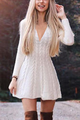 Loose Solid Color Deep V Knitted Dress