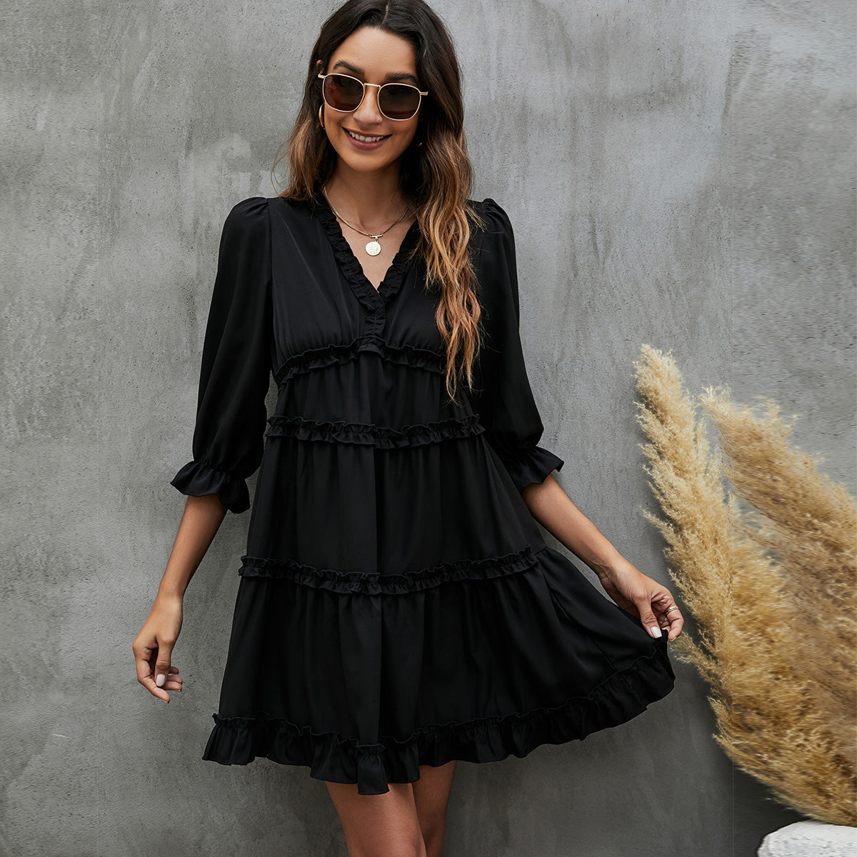 Black and Ruffled V Neck Mini Dress