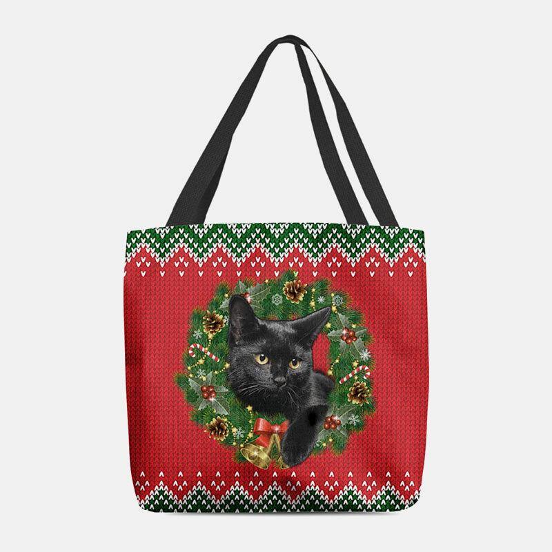 Damen Filz Cartoon Festliche klassische Farbe Weihnachtskranz Katzenmuster Schultertasche Handtasche Tote 