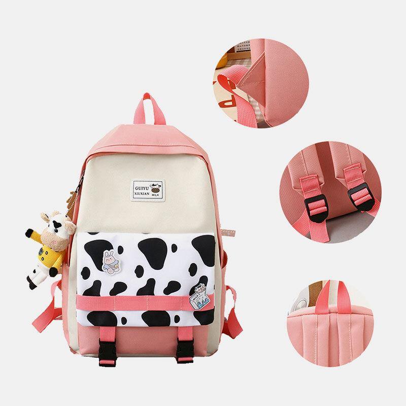 5 PCS Canvas Preppy Cow Pattern Multifunction Combination Bag Backpack Tote Crossbody Bag Clutch Wallet