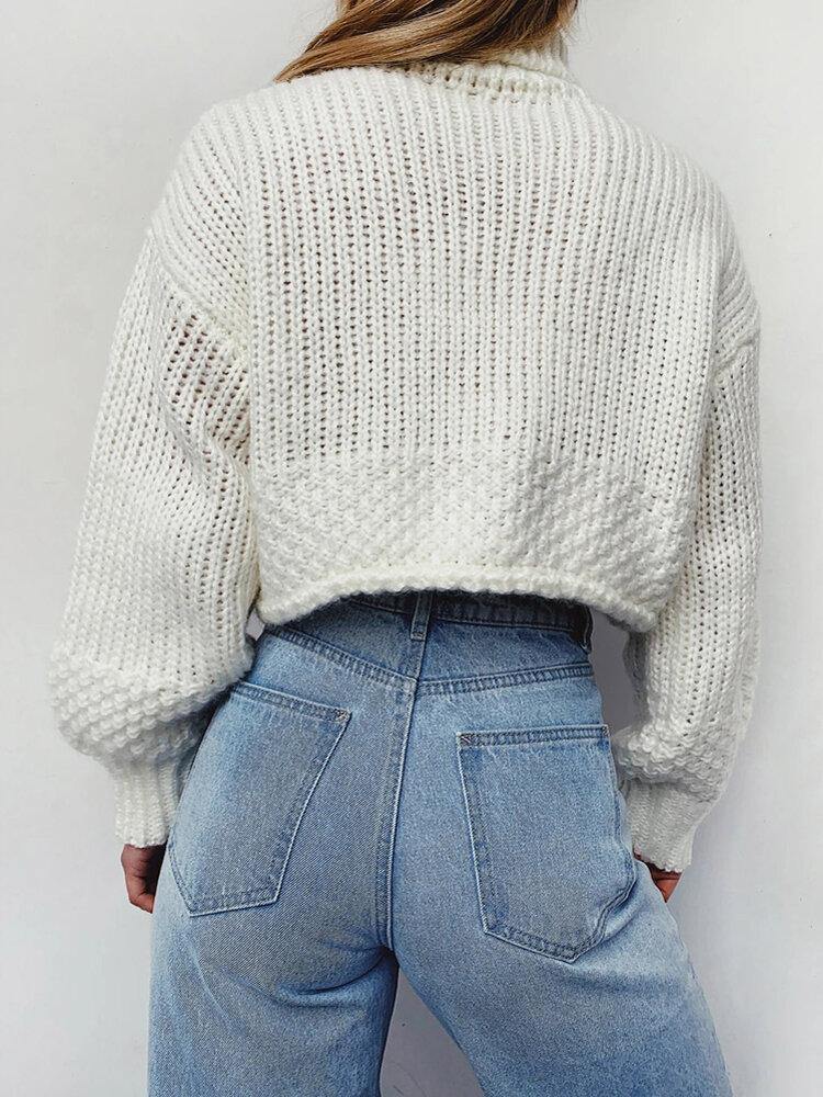 Women High Neck Long Sleeve White Loose Knitted Sweaters