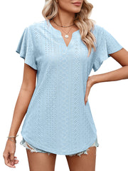 Women’s T-Shirts Solid Color Hollow V-Neck Ruffle Sleeve Casual T-Shirt