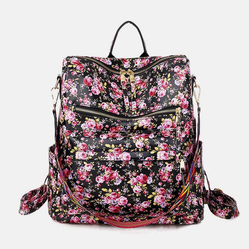 Damen-Rucksack aus Kunstleder mit Leoparden- und Blumenmuster, modisch, lässig 