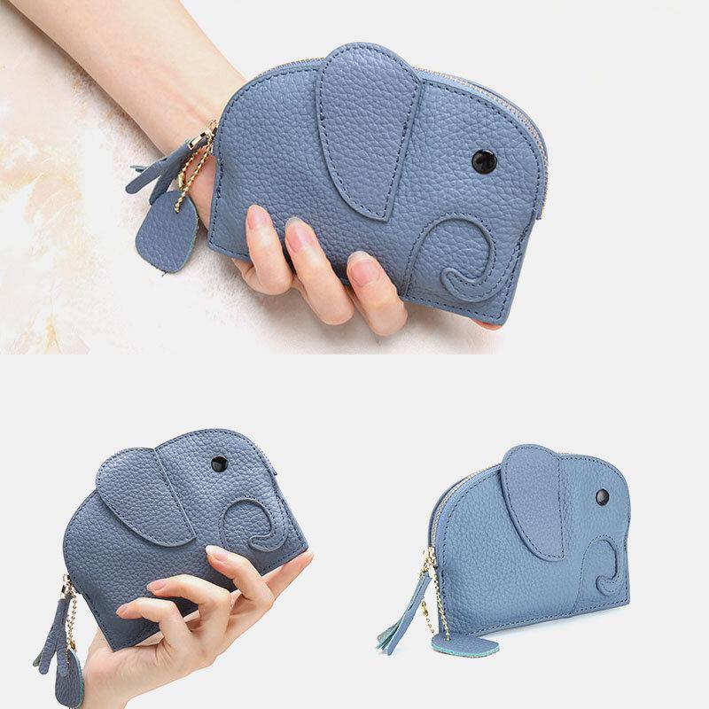 Women Genuine Leather Casual Cute Animal Elephant Pattern Mini Keychain Coin Bag Storage Bag