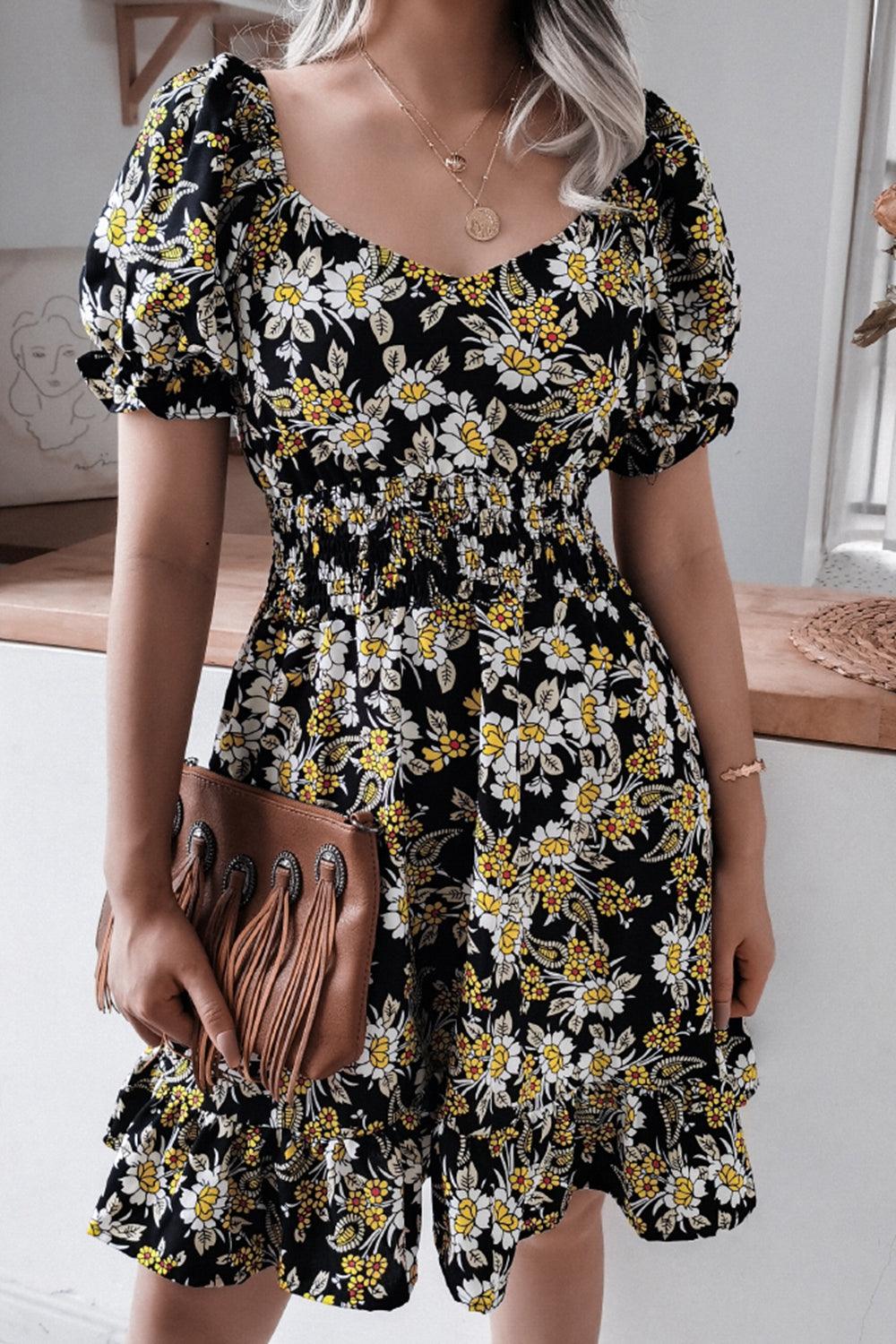 Floral Smocked Waist Puff Sleeve Dress