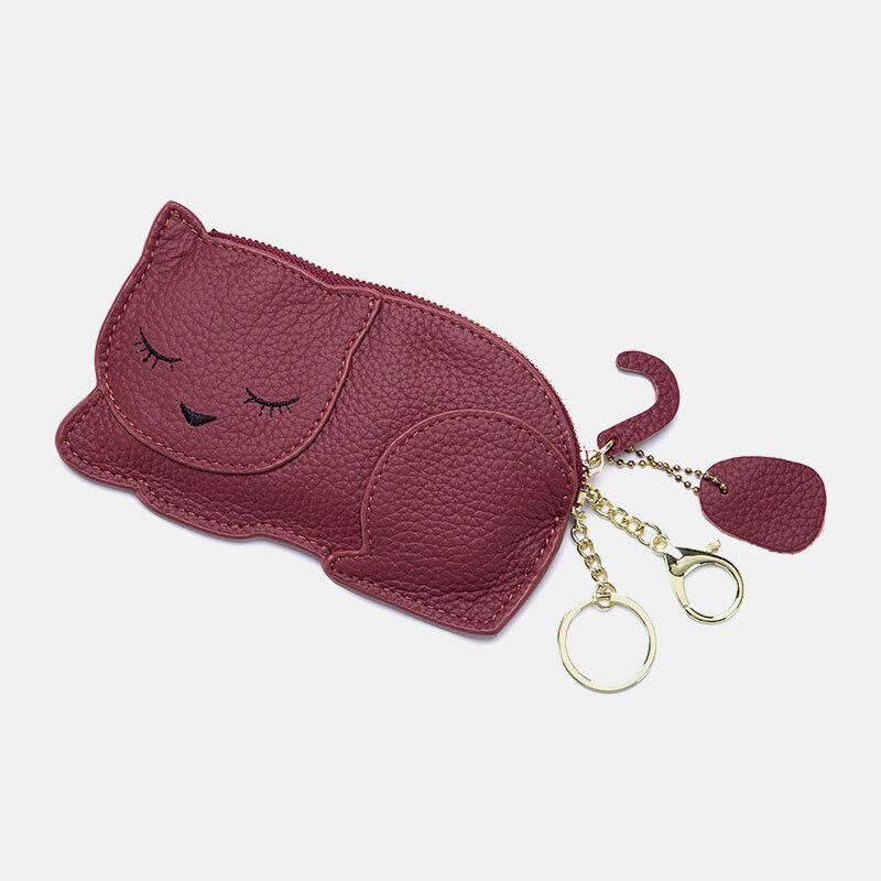 Frauen Echtes Leder Casual Niedlichen Tier Nickerchen Katze Muster Mini Schlüsselbund Münze Tasche Lagerung Tasche 