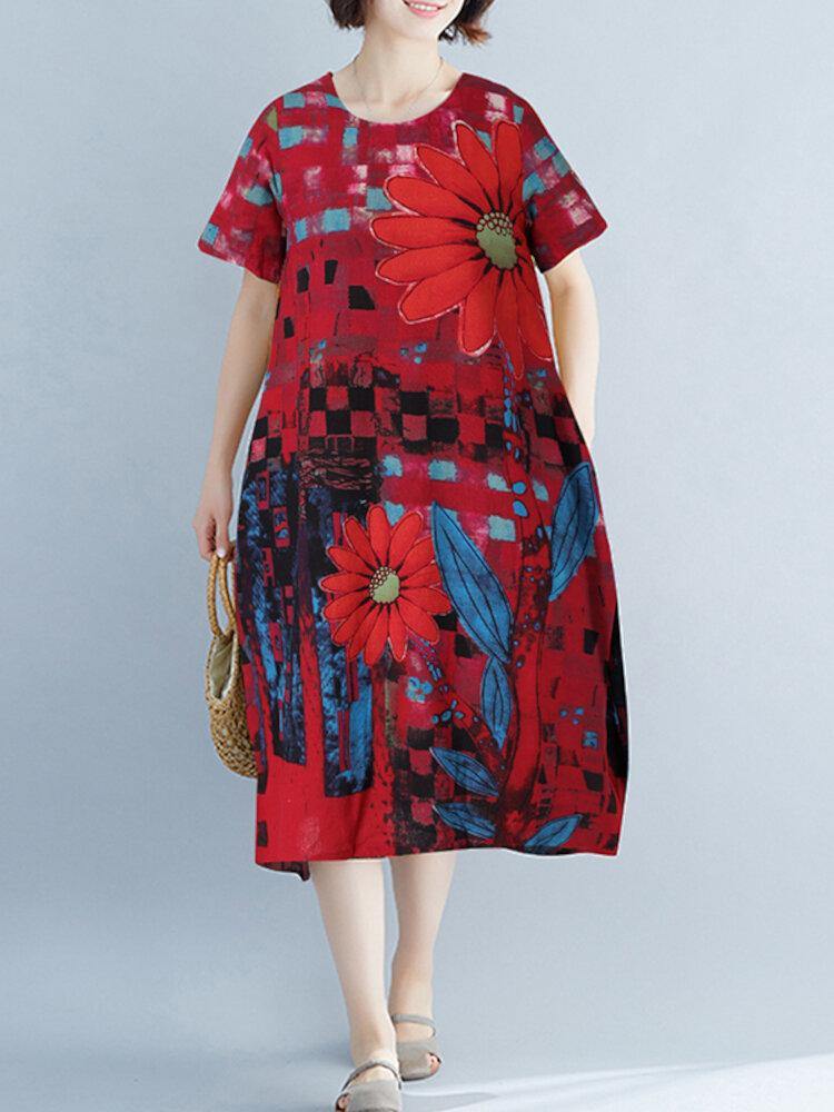 Contrast Color Floral Print O-neck Short Sleeve Pocket Midi Dress