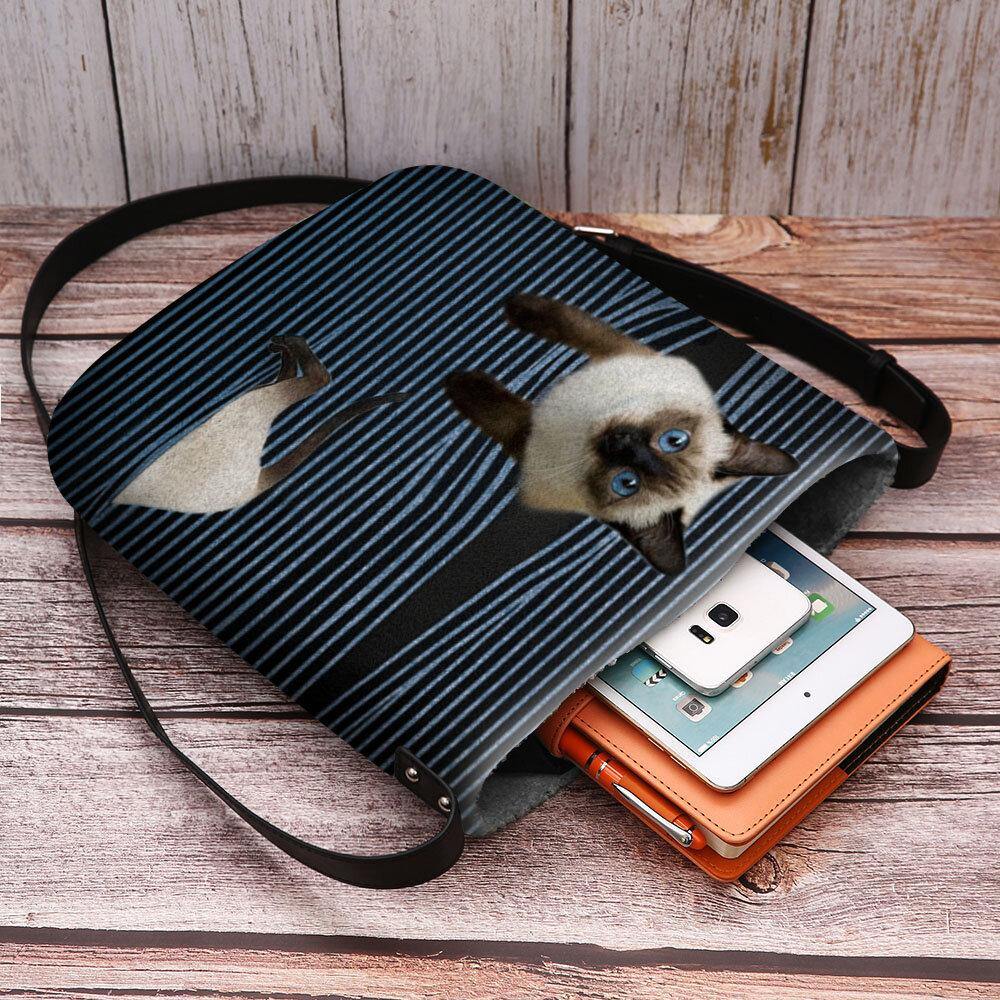 Women Felt Cute Cartoon Cat Stripes Pattern Multi-carry Crossbody Bag Shoulder Bag