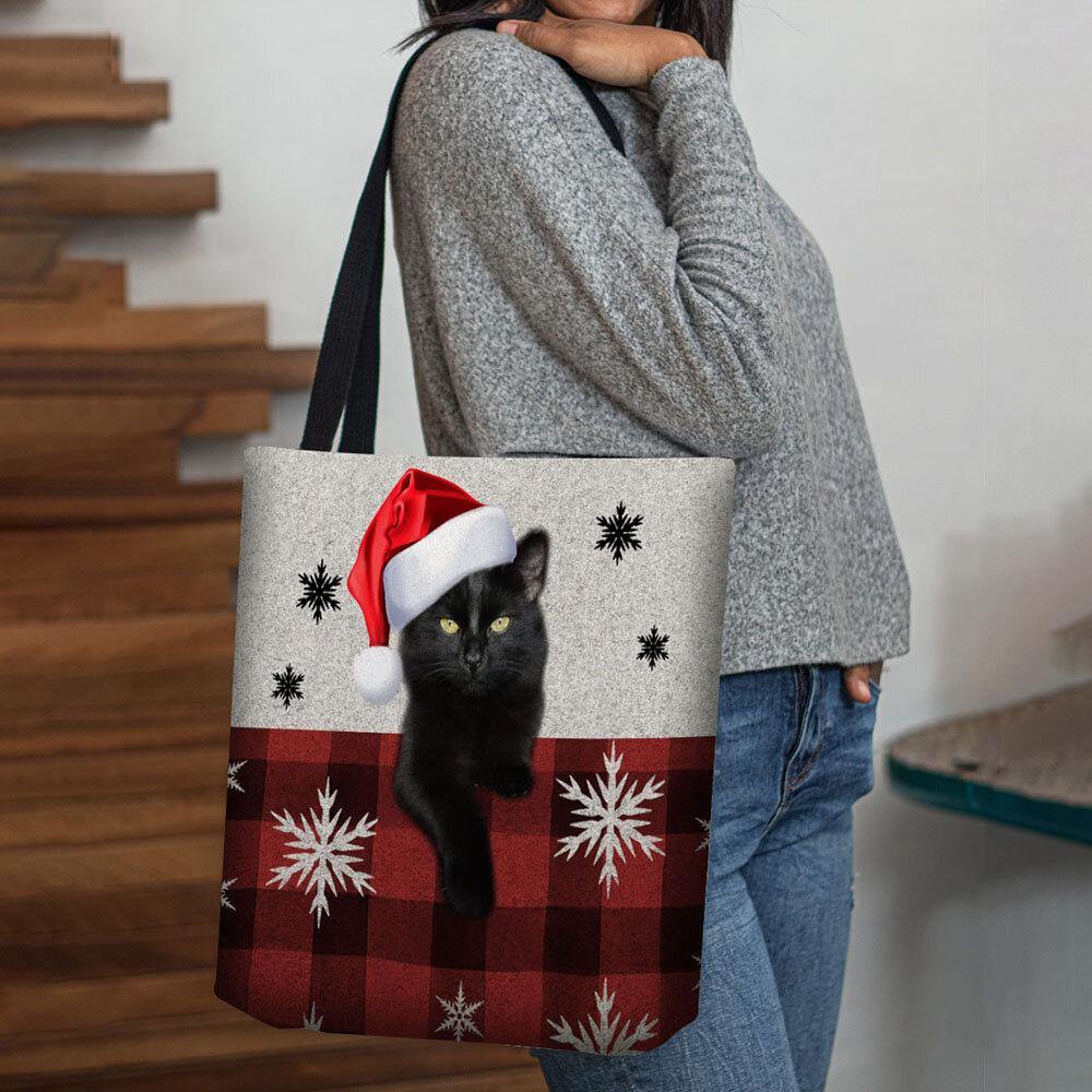 Las mujeres sintieron la historieta linda festiva Navidad vestida gato copo de nieve patrón bolso de hombro bolso de mano 