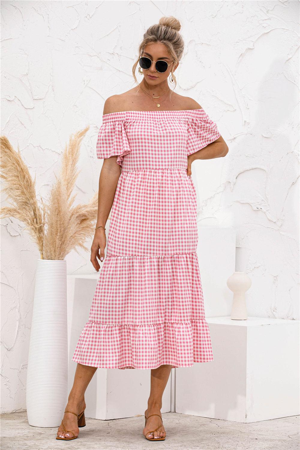 Plaid Off Shoulder Tiered Dress