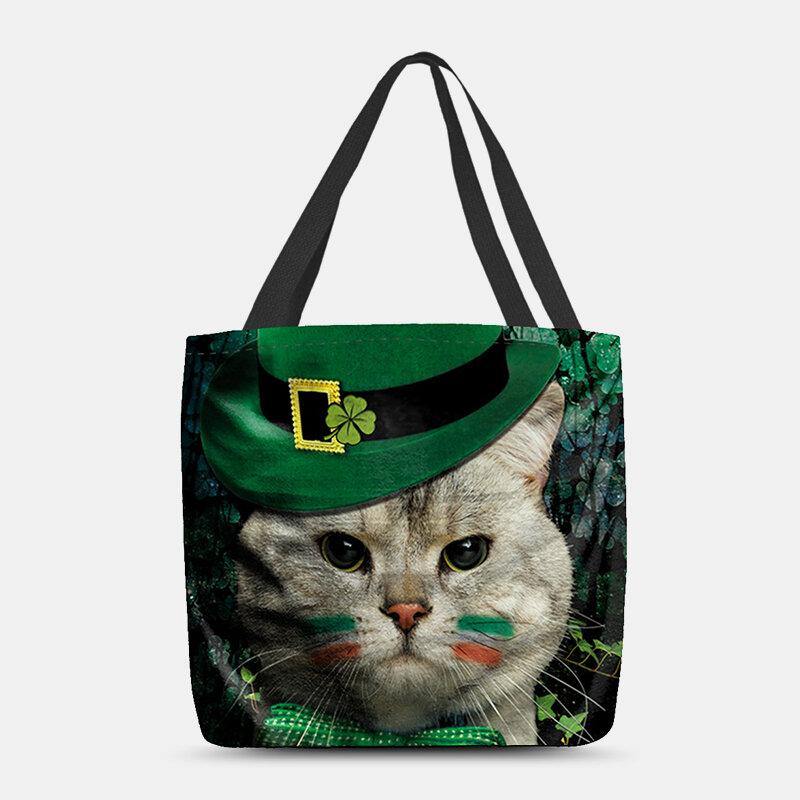 Mujer Trébol Gato Patrón Imprimir Feliz Día de San Patricio Bolso de hombro Bolso Tote 