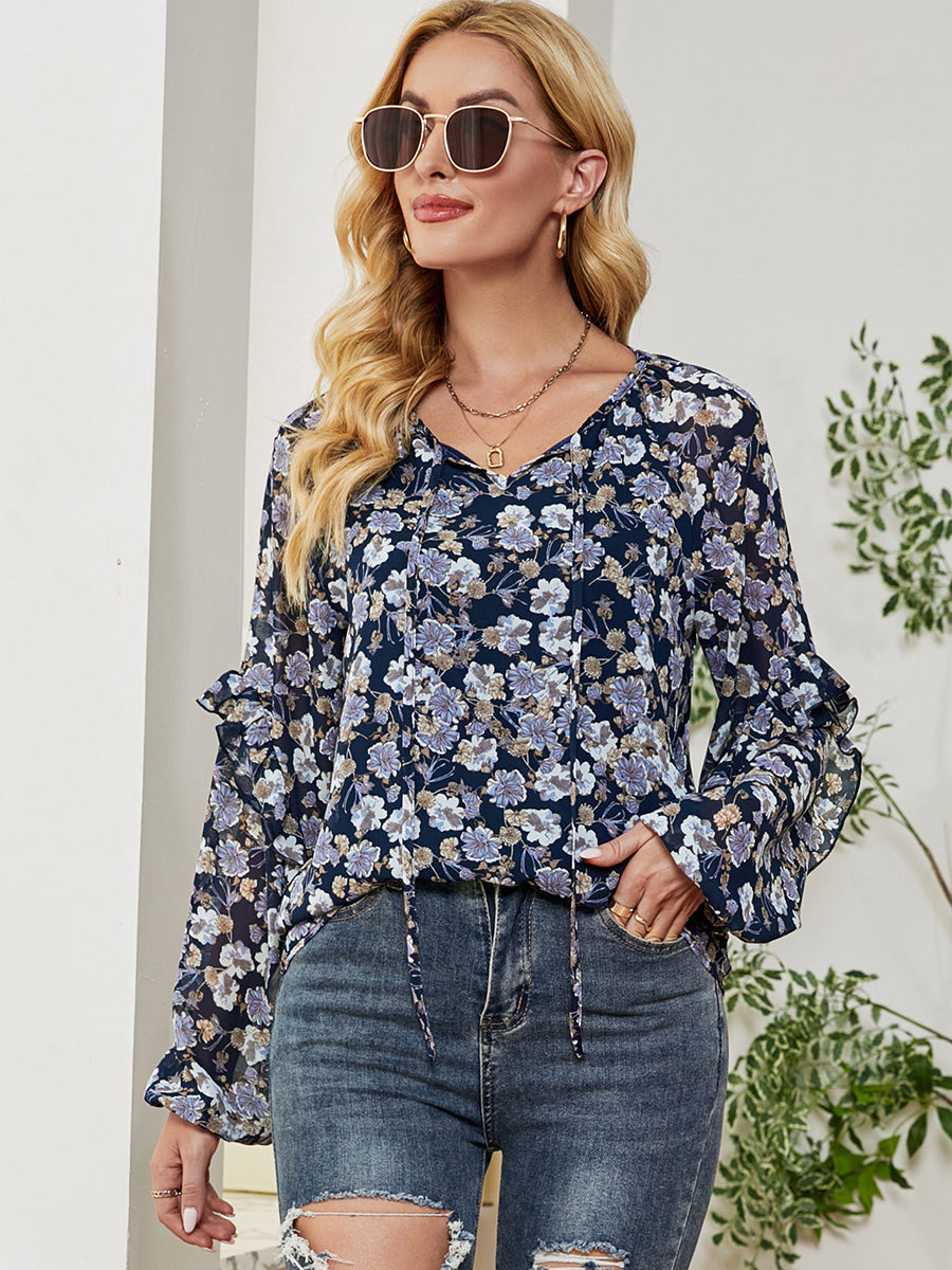 Women’s T-Shirts Long Sleeve Floral Printed Loose Chiffon T-Shirt