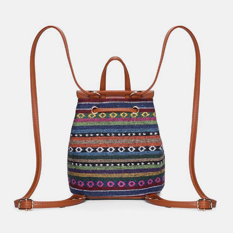 Women Hollow Stitching Ethnic Style Straw Bag Backpack Woven Shoulder Bag Bucket Bag