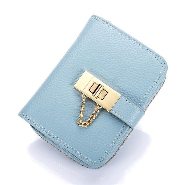 Women Genuine Leather Zipper Card Holder Chain Lock Short Purse Wallets