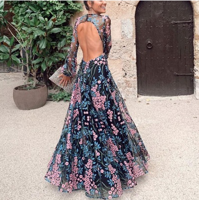 Sexy backless slim print long dress longuette