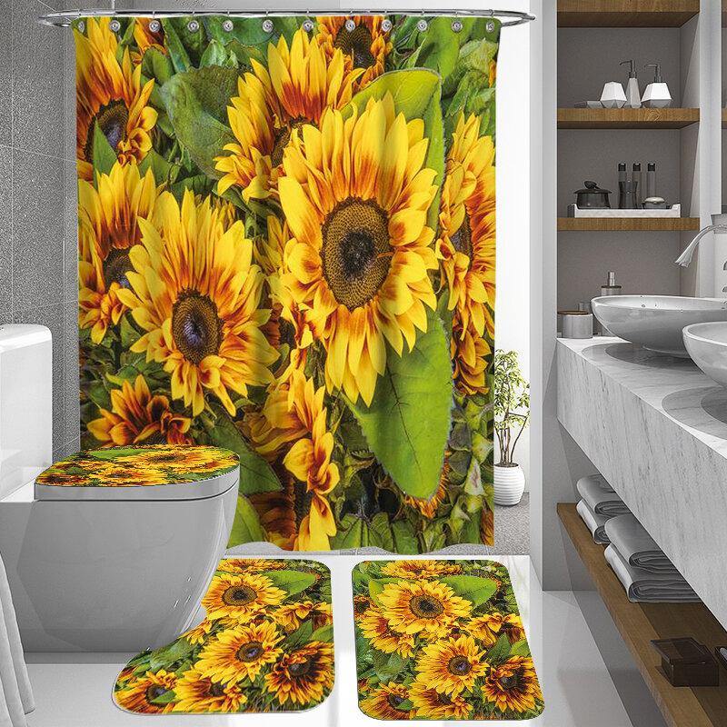 1/3/4Pcs Waterproof and Mildew proof Sunflower printed Shower Curtain  Bathroom Toilet Rug Mat Set