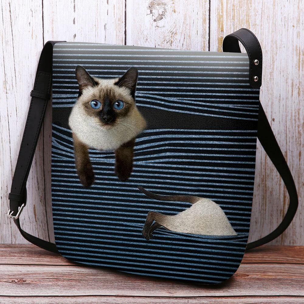 Women Felt Cute Cartoon Cat Stripes Pattern Multi-carry Crossbody Bag Shoulder Bag