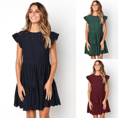 Solid color casual hollow embroidery women's dress