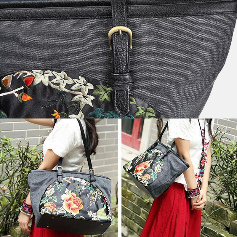 Bolso de mano de gran capacidad con bordado Floral de estilo étnico de lona para mujer 