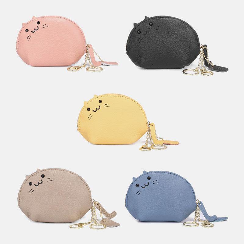 Women Genuine Leather Casual Cute Animal Cat Pattern Mini Hanging Coin Bag Storage Bag