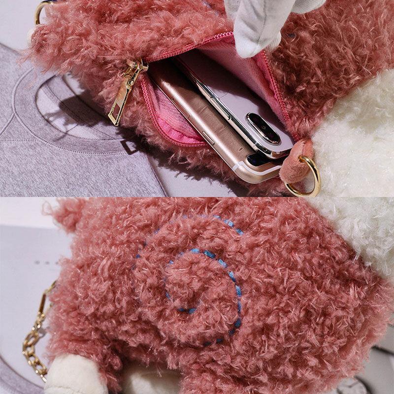 Bolso de hombro pequeño creativo suave con forma de Alpaca de dibujos animados en 3D de lana de cordero para mujer, bandolera con cadena 