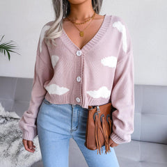 Cloud Print Button Down Ribbed Trim Cardigan