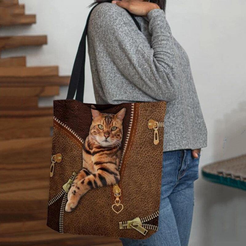 Bolso de hombro con patrón de gato de visión tridimensional en 3D bonito de lona para mujer 