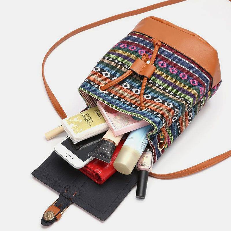 Women Hollow Stitching Ethnic Style Straw Bag Backpack Woven Shoulder Bag Bucket Bag