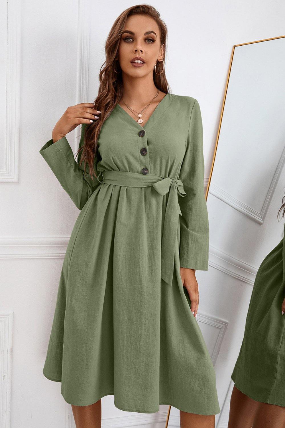 Half Button Tie Waist Dress