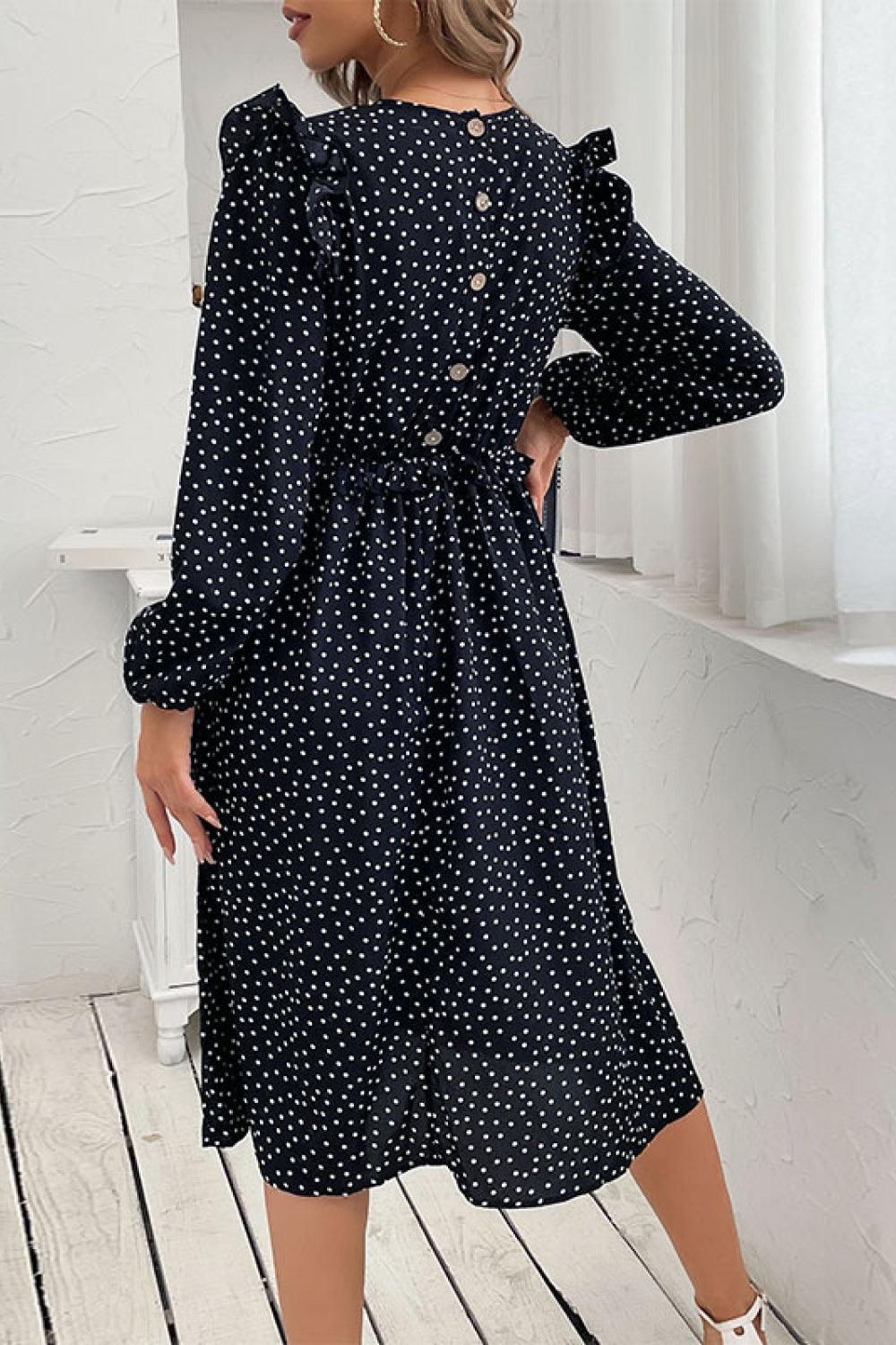 Polka Dot Ruffled Shoulder Midi Dress