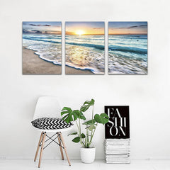 Beach Canvas Wall Art Sunset Sand Ocean Sea Wave 3 Panel Home Picture Decor Paintings