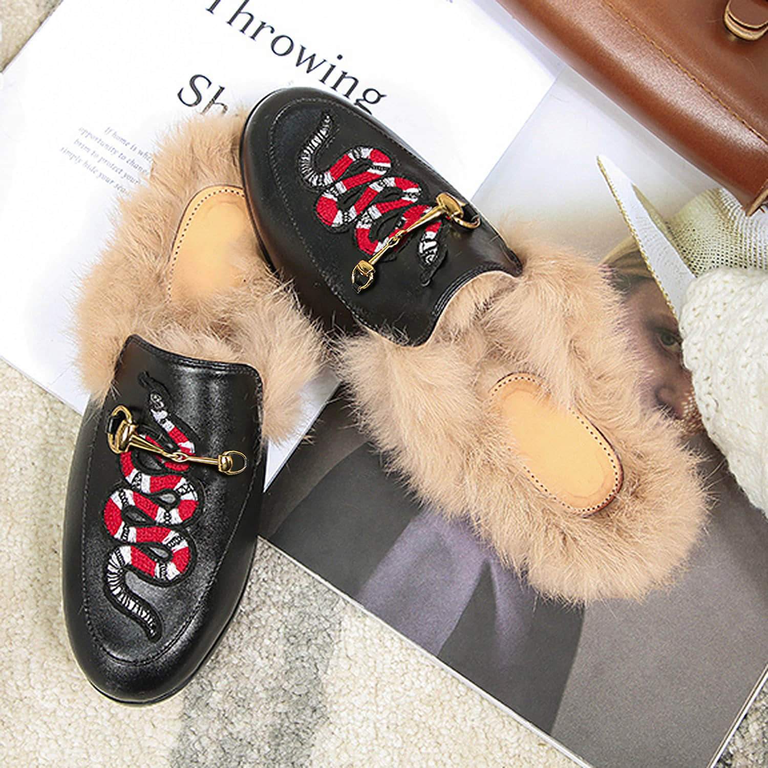 Women Casual Buckle Fur Embroidery Mules Slippers Shoes