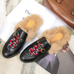 Women Casual Buckle Fur Embroidery Mules Slippers Shoes