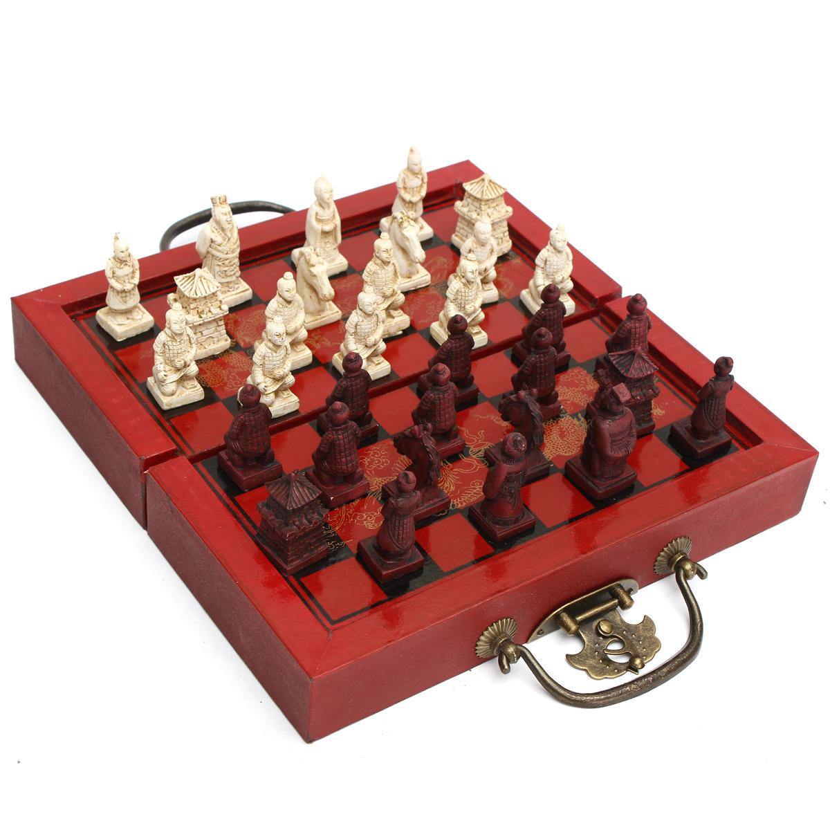 32 Pcs Terra Cotta Warriors Figure Chess Set with Chinese Wood Leather Box Board Games