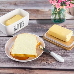 Porcelain Butter Dish with Bamboo Lid - Covered Butter Dish with Butter Knife for Countertop