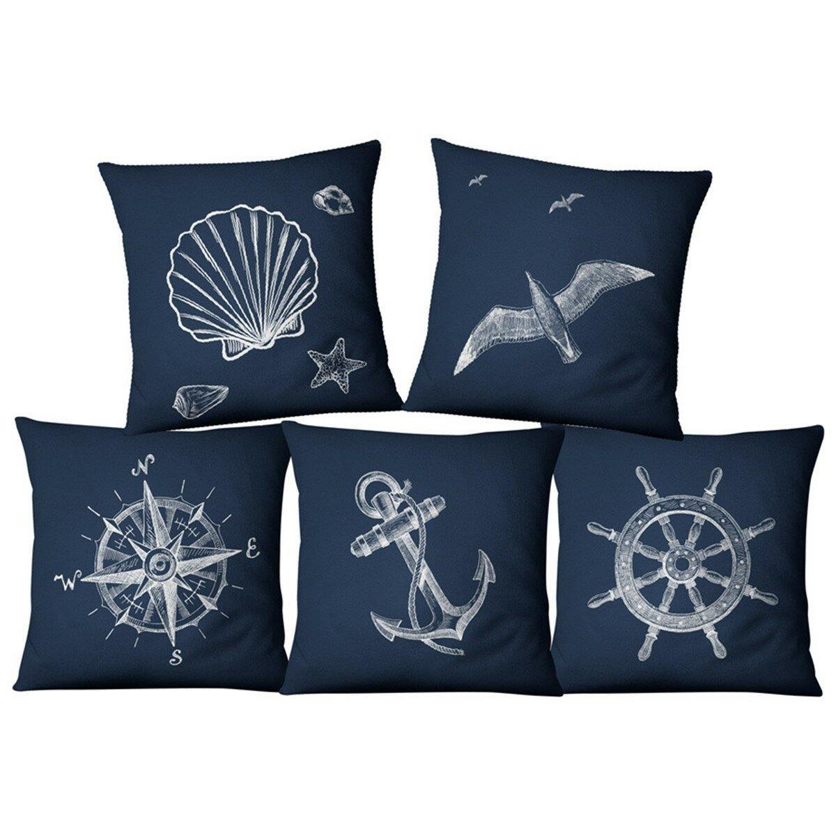 Blue Compass Nautical Marine Style Linen Pillow Case Mediterranean Sofa Cushion Cover Home Textile