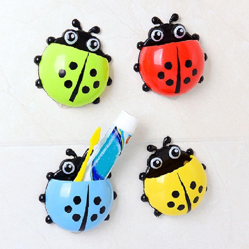 4 Color Toothbrush Cup Holder Storage Rack for Home Bathroom Organizer Ladybug Toothbrush Holder Strong Suction Cup Creative Cartoon PVC Wall Mount