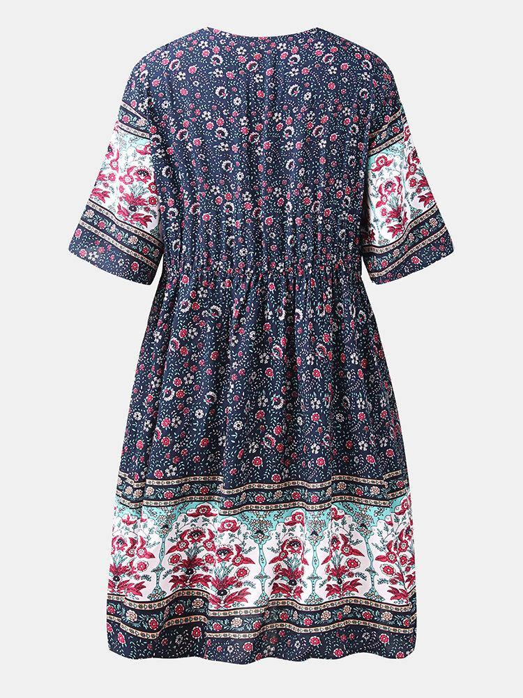 Bohemia Floral Ethnic V-neck Button Short Sleeve Print Dress