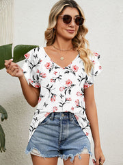 Women’s T-Shirts Print V-Neck Double Layer Ruffle Sleeve Loose T-Shirt