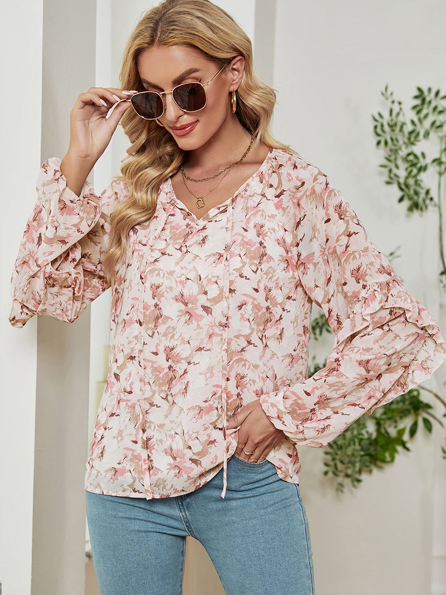 Women’s T-Shirts Long Sleeve Floral Printed Loose Chiffon T-Shirt