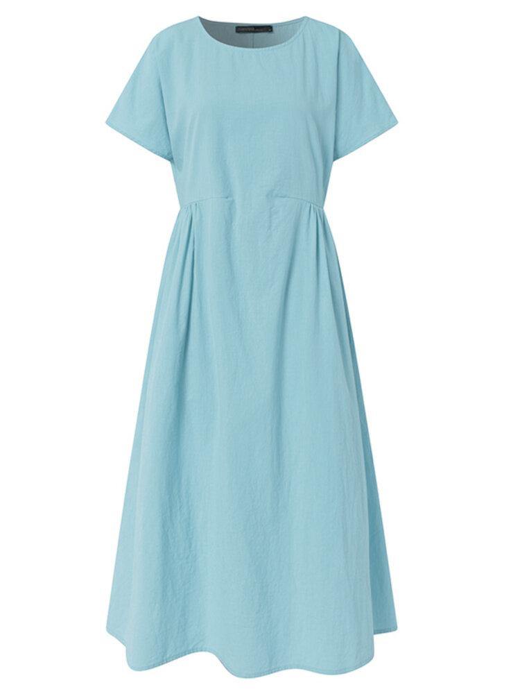 100% Cotton Solid Pleating Side Pockets Midi Dress