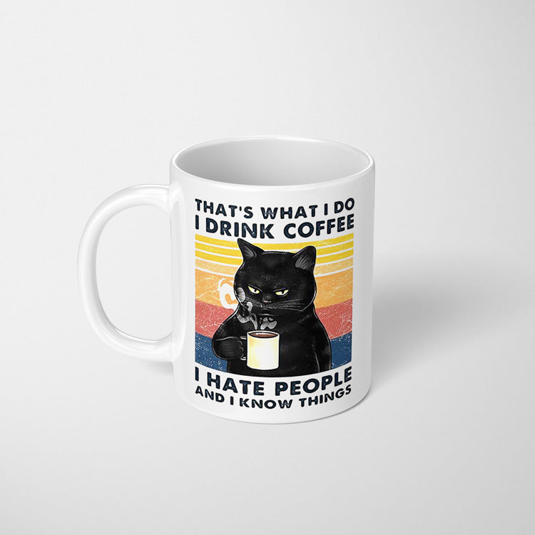 Lustige Kaffeetasse „Know Things“, Keramiktasse mit schwarzer Katze