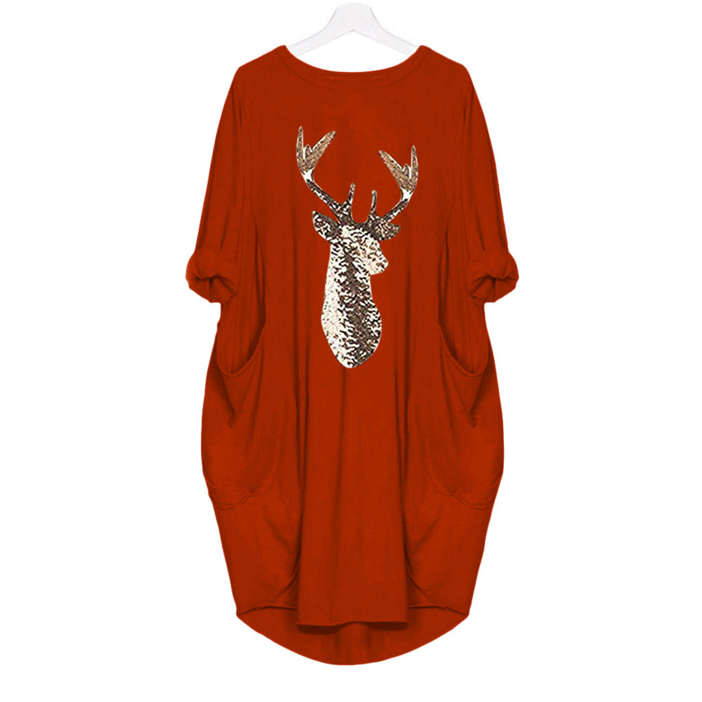 Christmas Pattern Printed Round Neck Autumn And Winter New Style Dress