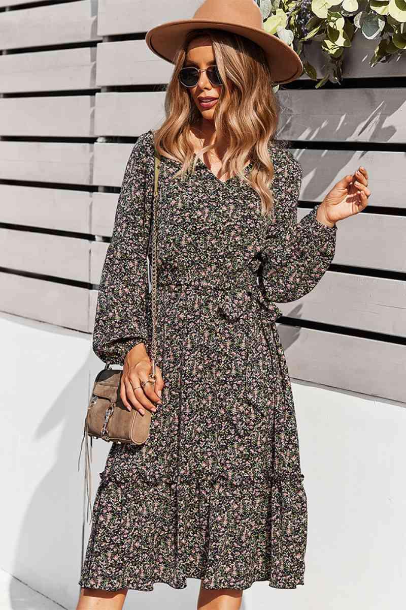 Floral V-Neck Ruffle Swing Dress