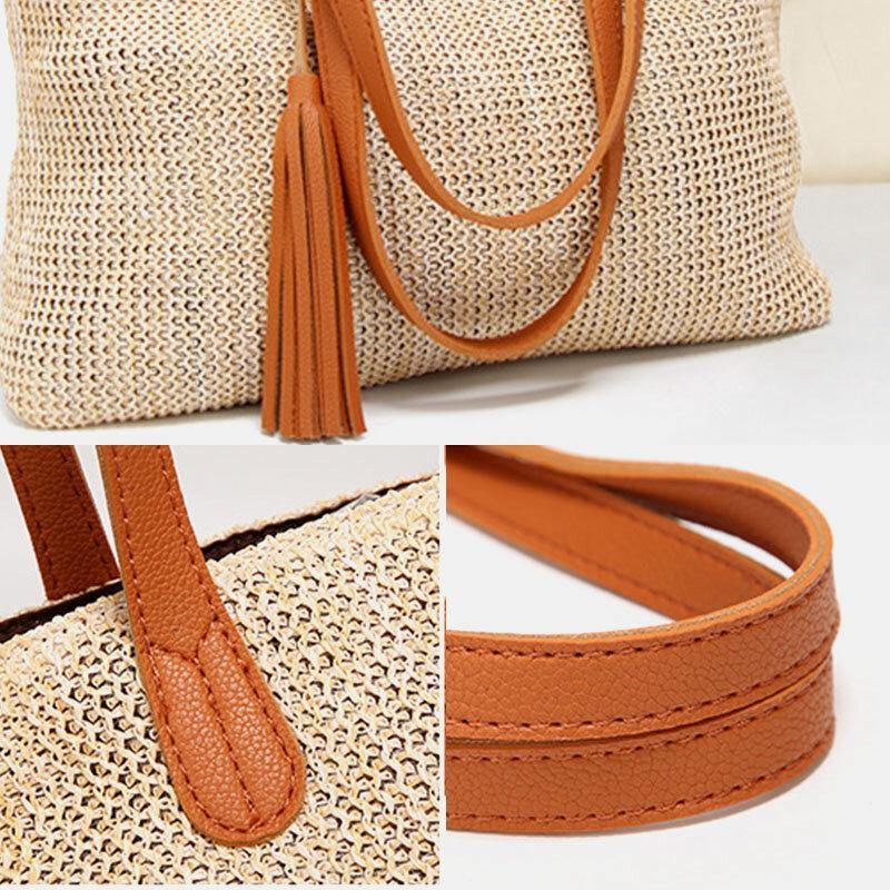 Women Tassel Decoration Large Capacity Hollow Straw Bags Handbag Shoulder Bag Beach Bag